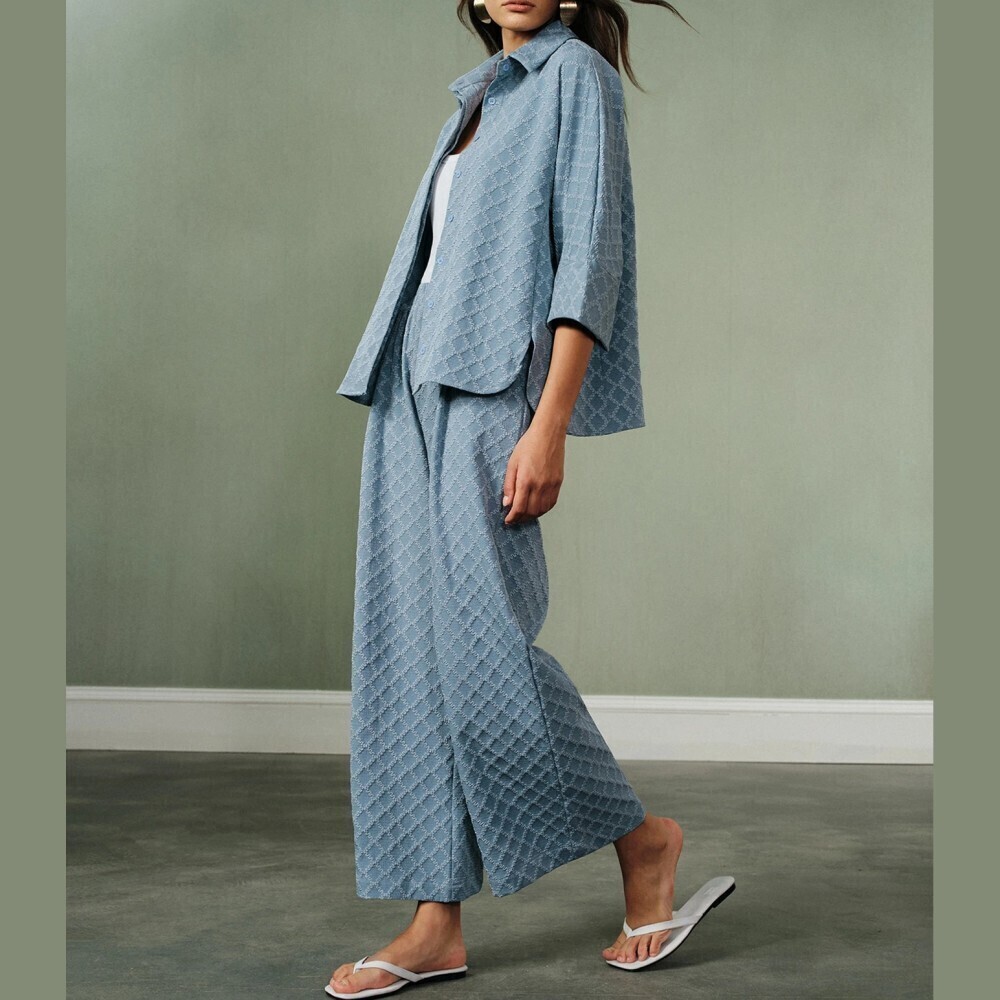Dusty Blue Diamond Textured Collared Shirt and Wide Leg Pants Set